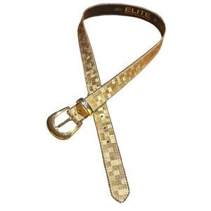 Elite Accessories Gold Metallic Checkered Beaded Edge Belt Vintage Womens M EUC